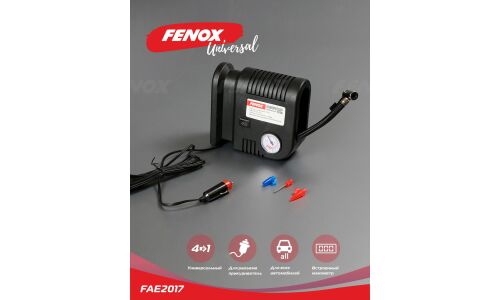 Компрессор автомобильный Fenox, 12В, 5А, 25л/мин, 17атм, длина шланга 35см, насадки, арт. FAE2017