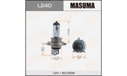 Лампа галогенная Masuma Clearglow H4 (P43t, T16), 12В, 60/55Вт, 3000К, 1 шт, арт. L240