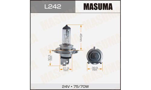 Лампа галогенная Masuma Clearglow H4 (P43t, T16), 24В, 75/70Вт, 3200К, 1 шт, арт. L242