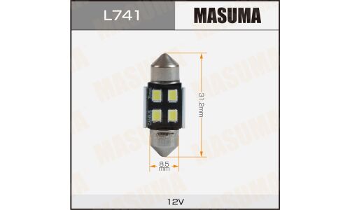 Лампа светодиодная Masuma Festoon (SV8.5, T10x31), 12В, 1.8Вт (соответствует 5Вт), 6500К, комплект 2 шт, арт. L741