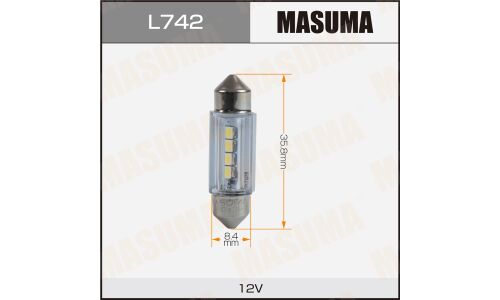 Лампа светодиодная Masuma Festoon C10W (SV8.5, T10x36), 12В, 2.1Вт (соответствует 10Вт), 6500К, комплект 2 шт, арт. L742