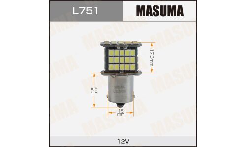 Лампа светодиодная Masuma P21W (BA15s, S25), 12В, 3.6Вт (соответствует 21Вт), 6500К, комплект 2 шт, арт. L751