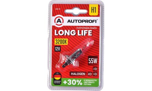 Лампа галогенная Autoprofi Long Life H1 (P14.5s, T8), 12В, 55Вт, 3200K, 1 шт, арт. LNG-H1