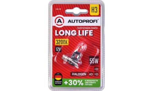 Лампа галогенная Autoprofi Long Life H3 (PK22s, T12), 12В, 55Вт, 3200К, 1 шт, арт. LNG-H3