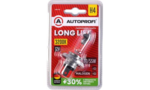 Лампа галогенная Autoprofi Long Life H4 (P43t, T16), 12В, 60/55Вт, 3200К, 1 шт, арт. LNG-H4