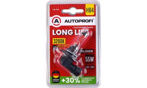 Лампа галогенная Autoprofi Long Life HB4 (9006) ( P22d, T12), 12В, 55Вт, 3200К, 1 шт, арт. LNG-HB4