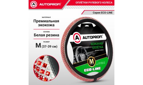 Оплетка на руль Autoprofi Eco-Line, вставка с кристаллами в стиле Swarovski, премиальная экокожа, черно-красный цвет, размер M (37-39см), арт. KR-2506 BK/RD (M)
