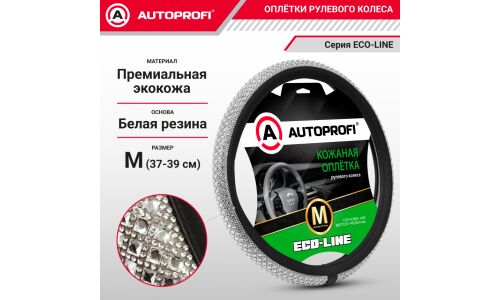 Оплетка на руль Autoprofi Eco-Line, вставка с кристаллами в стиле Swarovski, премиальная экокожа, черно-белый цвет, размер M (37-39см), арт. KR-2506 BK/WH (M)