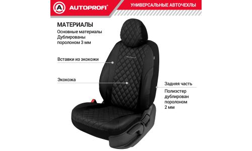 Чехлы Autoprofi Excellent, для передних сидений, экокожа, черный цвет, 6 предметов, арт. EXL-603G BK/BK