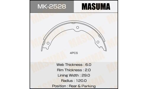 Колодки тормозные барабанные Masuma стояночного тормоза, комплект на ось (4 шт), арт. MK-2528