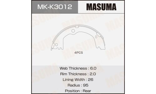 Колодки тормозные барабанные Masuma, для KIA Sorento, комплект на ось (4 шт), арт. MK-K3012
