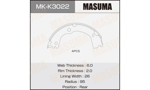 Колодки тормозные барабанные Masuma, для KIA Sportage, комплект на ось (4 шт), арт. MK-K3022