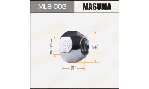 Гайка колесная Masuma MLS-002, открытая, для Nissan, M12x1.25(R), длина 16.1мм, коническая посадка, под ключ 21мм