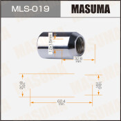 Гайка колесная Masuma MLS-019, открытая, M12x1.5(R), длина 32.6мм, коническая посадка, под ключ 19мм, с переходником, 20 шт