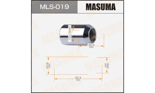 Гайка колесная Masuma MLS-019, открытая, M12x1.5(R), длина 32.6мм, коническая посадка, под ключ 19мм, с переходником, 20 шт