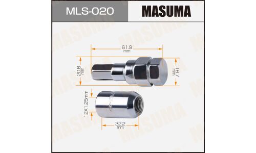 Гайка колесная Masuma MLS-020, открытая, M12x1.25(R), длина 32.2мм, коническая посадка, с шестигранным переходником под ключ 19мм, 20 шт