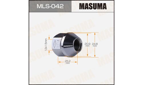 Гайка колесная Masuma MLS-042, открытая, M12x1.5(R), длина 25.2мм, коническая посадка, под ключ 21мм
