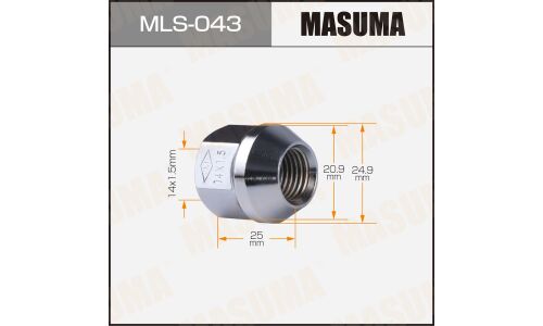 Гайка колесная Masuma MLS-043, открытая, M14x1.5(R), длина 25мм, коническая посадка, под ключ 21мм