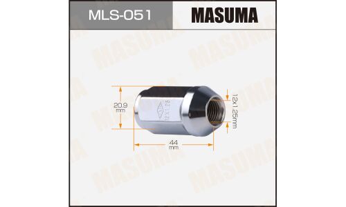 Гайка колесная Masuma MLS-051, закрытая, M12x1.25(R), длина 44мм, коническая посадка, под ключ 21мм, комплект 20 шт