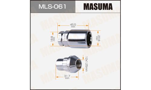 Гайка колесная Masuma MLS-061, закрытая, M12x1.25(R), длина 31.7мм, коническая посадка, с секретом + переходник под ключ 19мм, 4 шт