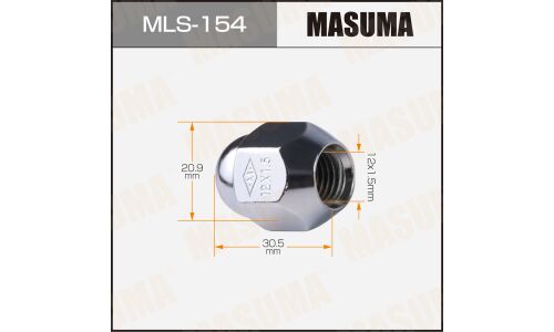 Гайка колесная Masuma MLS-154, закрытая, для KIA / Hyundai / Daihatsu / Mazda / Mitsubishi / Toyota, M12x1.5(R), длина 30.5мм, коническая посадка, под ключ 21мм