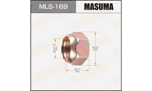 Гайка колесная Masuma MLS-169, открытая, для грузовиков Mitsubishi Fuso, M30x1.5(R), длина 25.7мм, сфера, под ключ 41мм, 1 шт