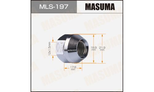 Гайка колесная Masuma MLS-197, открытая, M12x1.5(R), длина 17.8мм, коническая посадка, под ключ 19мм, комплект 20 шт