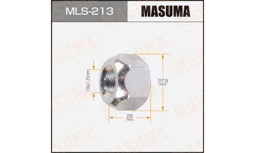 Гайка колесная Masuma MLS-213, открытая, для грузовиков Mitsubishi Fuso, M19x1.5(L), длина 26мм, коническая посадка, под ключ 38мм