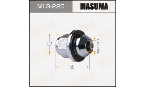 Гайка колесная Masuma MLS-220, закрытая, для кроссоверов Nissan, M12x1.25(R), длина 34.3мм, с прессшайбой 31.5мм, под ключ 21мм