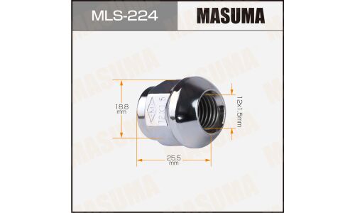 Гайка колесная Masuma MLS-224, закрытая, для Honda, M12x1.5(R), длина 25.5мм, сфера R12, под ключ 19мм