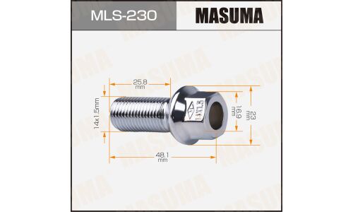 Болт колесный Masuma MLS-230, для Volkswagen / Audi / Skoda, M14x1.5(R), длина 48.1мм, сфера R12, под ключ 17мм