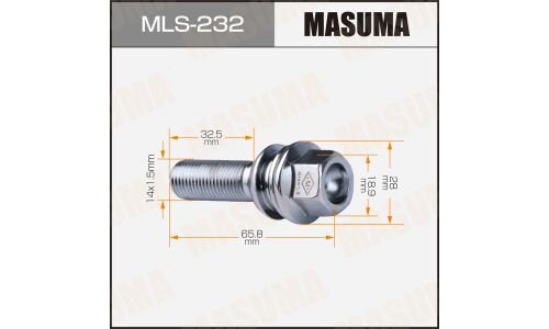 Болт колесный Masuma MLS-232, для Volkswagen / Audi, M14x1.5(R), длина 65.8мм, сфера R12, под ключ 19мм