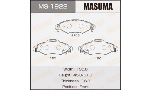 Колодки тормозные дисковые Masuma передние, комплект на ось (4 шт), арт. MS-1922