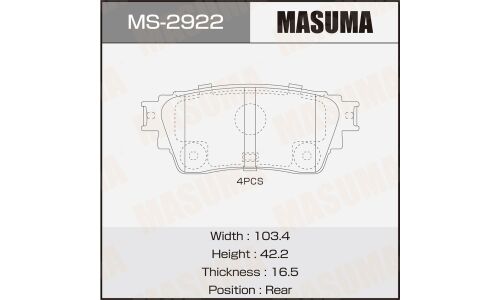 Колодки тормозные дисковые Masuma, задние, комплект на ось (4 шт), арт. MS-2922