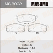 Колодки тормозные дисковые Masuma, передние, комплект на ось (4 шт), арт. MS-8922 Колодки тормозные дисковые Masuma, передние, комплект на ось (4 шт), арт. MS-8922