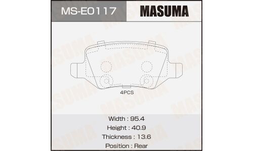 Колодки тормозные дисковые Masuma, задние, комплект на ось (4 шт), арт. MS-E0117