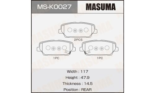Колодки тормозные дисковые Masuma, задние, комплект на ось (4 шт), арт. MS-K0027