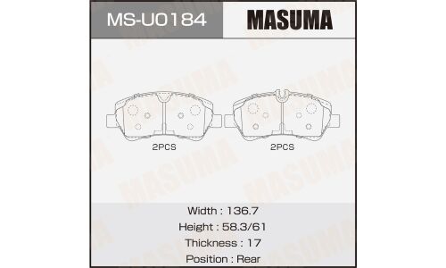 Колодки тормозные дисковые Masuma, задние, комплект на ось (4 шт), арт. MS-U0184