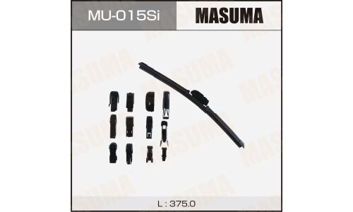 Щетка стеклоочистителя Masuma Silicone 375мм (15") бескаркасная, всесезонная, силиконовая, со спойлером, 13 переходников, 1 шт, арт. MU-015Si