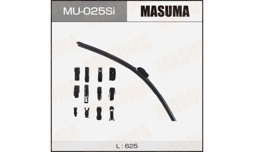 Щетка стеклоочистителя Masuma Silicone 625мм (25") бескаркасная, всесезонная, силиконовая, со спойлером, 13 переходников, 1 шт, арт. MU-025Si