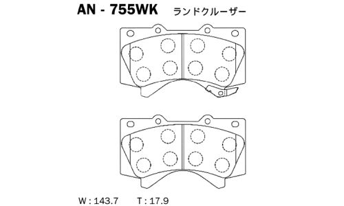 Колодки тормозные дисковые Akebono, комплект на ось (4 шт), арт. AN-755WK