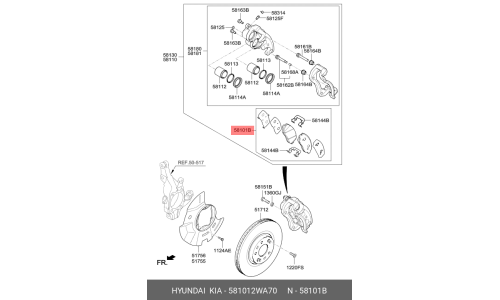 Колодки тормозные дисковые Hyundai/KIA, передние, комплект на ось (4 шт), арт. 581012WA70