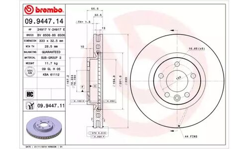 Диск тормозной Brembo, передний, правый/левый, 1 шт, арт. 09.9447.11