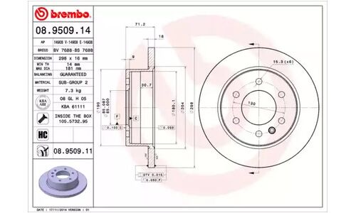 Диск тормозной Brembo, задний, правый/левый, 1 шт, арт. 08.9509.11