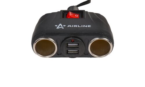 Разветвитель прикуривателя Airline, 12В, 2 гнезда, 2xUSB (5В, 0.5А), 100Вт, кабель 300см, чёрный, с кнопокй выключения, арт. ASP-2U-11