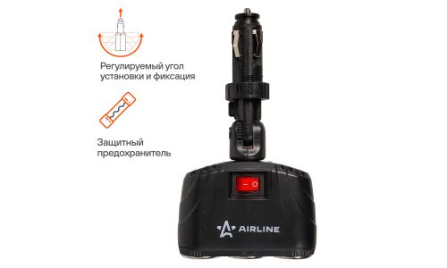 Разветвитель прикуривателя Airline, 12/24В, 3 гнезда (8А), 60Вт, с регулируемым штекером, с кнопокй выключения, чёрный, арт. ASP-3T-09