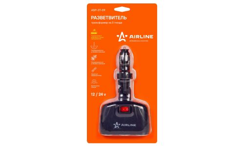 Разветвитель прикуривателя Airline, 12/24В, 3 гнезда (8А), 60Вт, с регулируемым штекером, с кнопокй выключения, чёрный, арт. ASP-3T-09