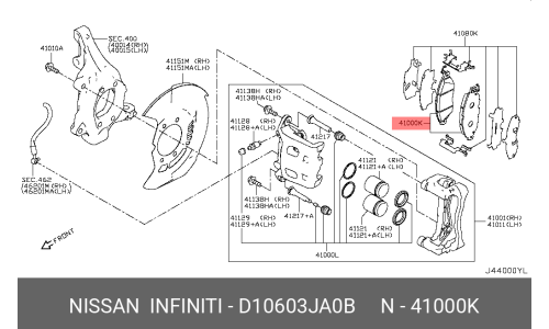 Колодки тормозные дисковые Nissan, передние, комплект на ось (4 шт), арт. D1060-3JA0B