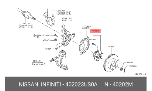 Ступица колеса Nissan, передняя, левая, арт. 40202-3US0A