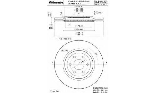 Диск тормозной Brembo вентилируемый, арт. 09B49610